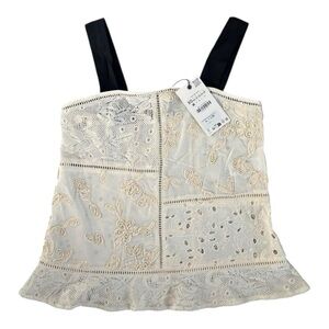 New ZARA Embroidered Lace Tank Top Ivory Black Straps Size XL BOHO Cottagecore
